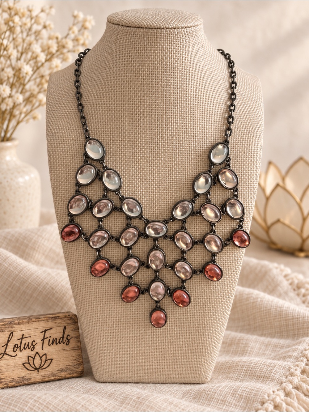 Glamorous Blush Pink & Coral Cascading Bib Statement Necklace